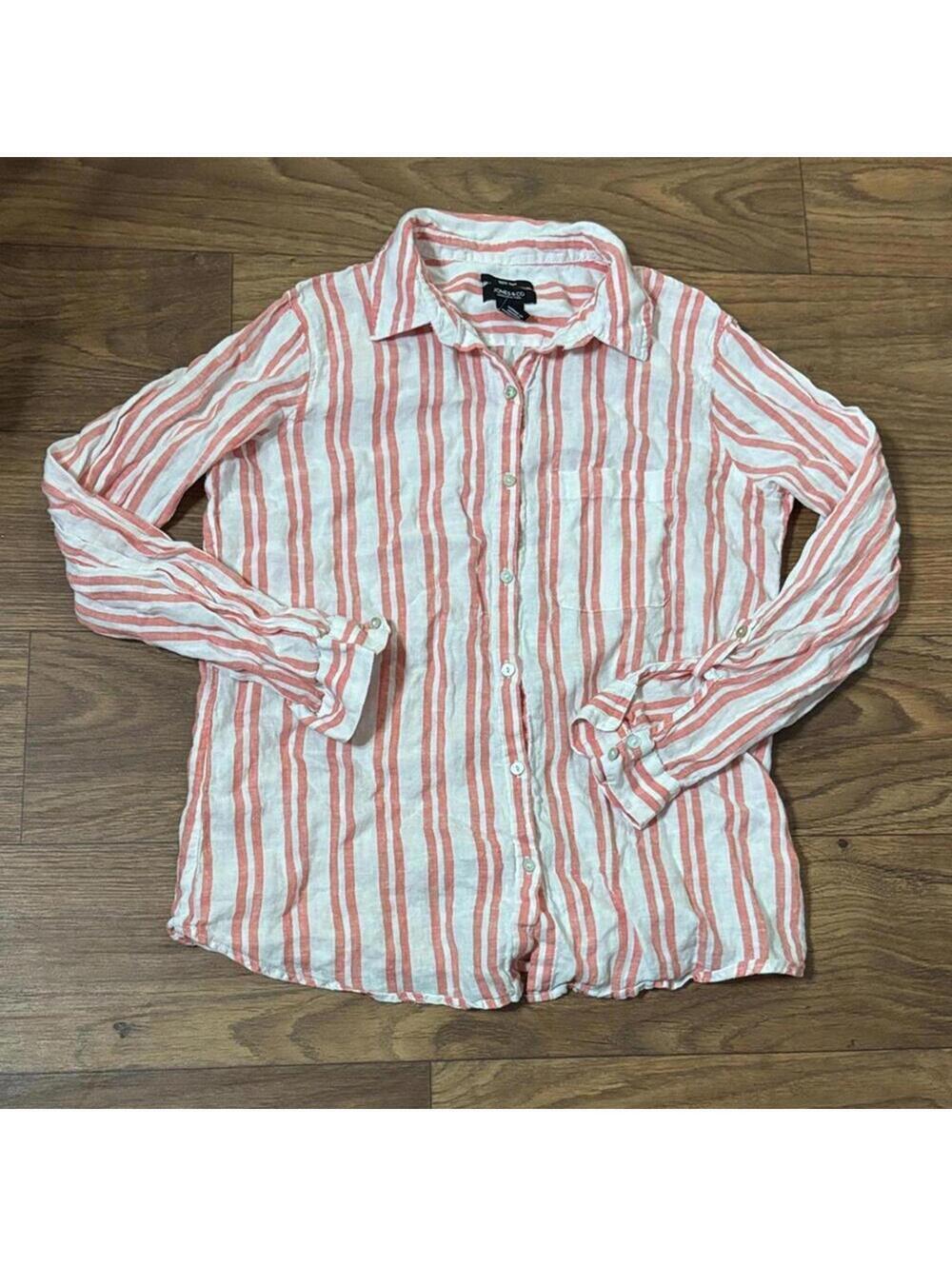 Jones & Co 100% Linen Pink Striped Button Down Long Sleeve Blouse Work Office